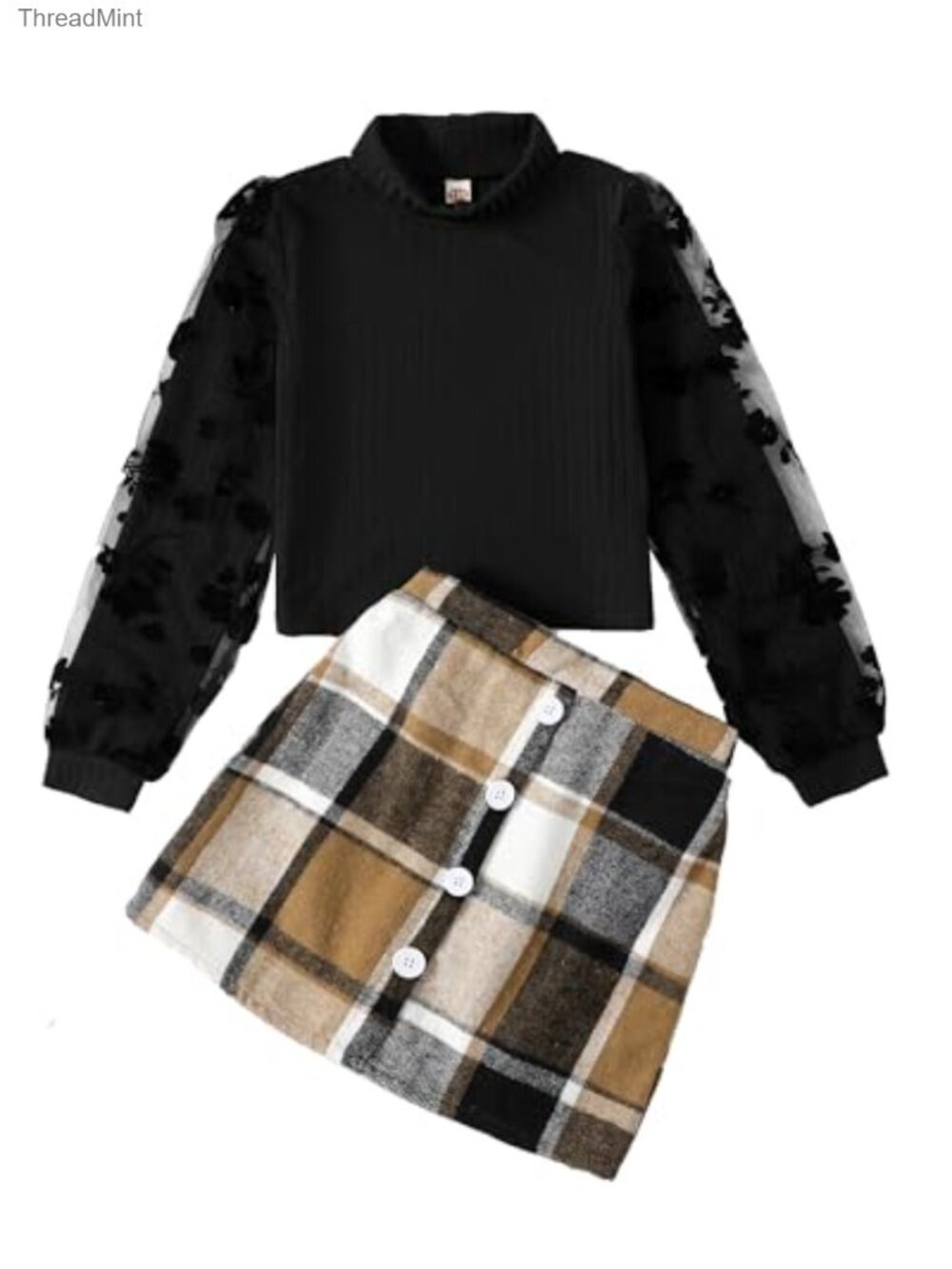 Girls 2-Piece Plaid Skirt Set with Lace Puff Sleeve Sweater Top Fall Winter